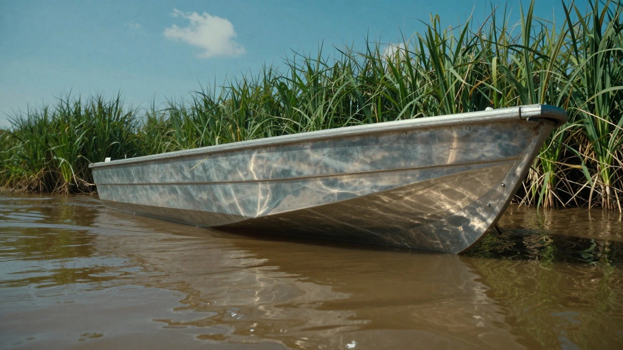 Алюминиевая плоскодонная лодка, идущая по мелководью среди камышей