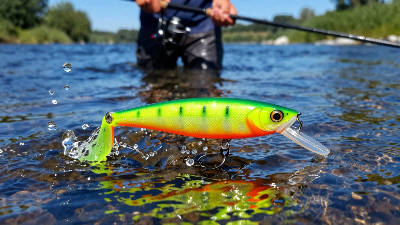 Яркая силиконовая приманка для спиннинга в момент падения в воду