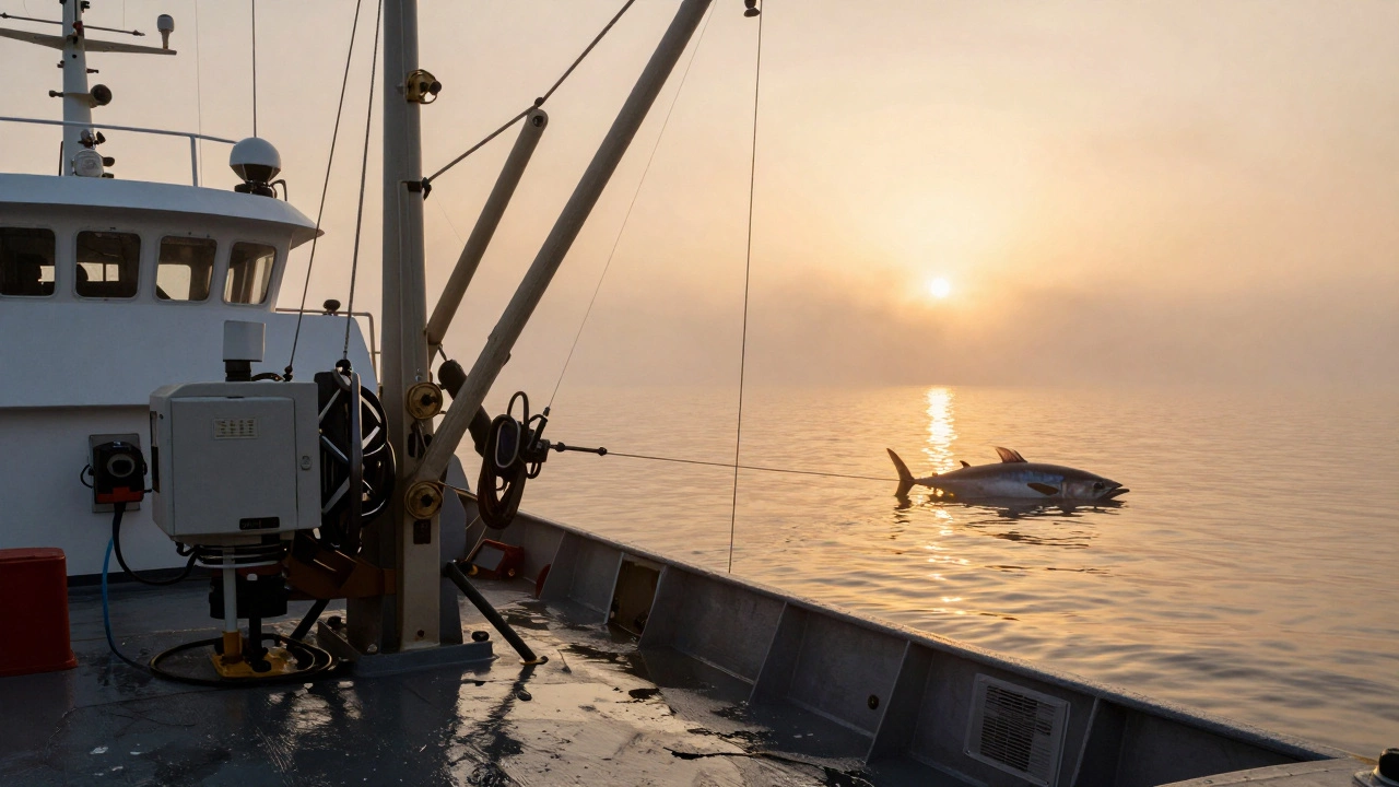 Ярушник на рассвете вытягивает длинную леску с уловом из воды