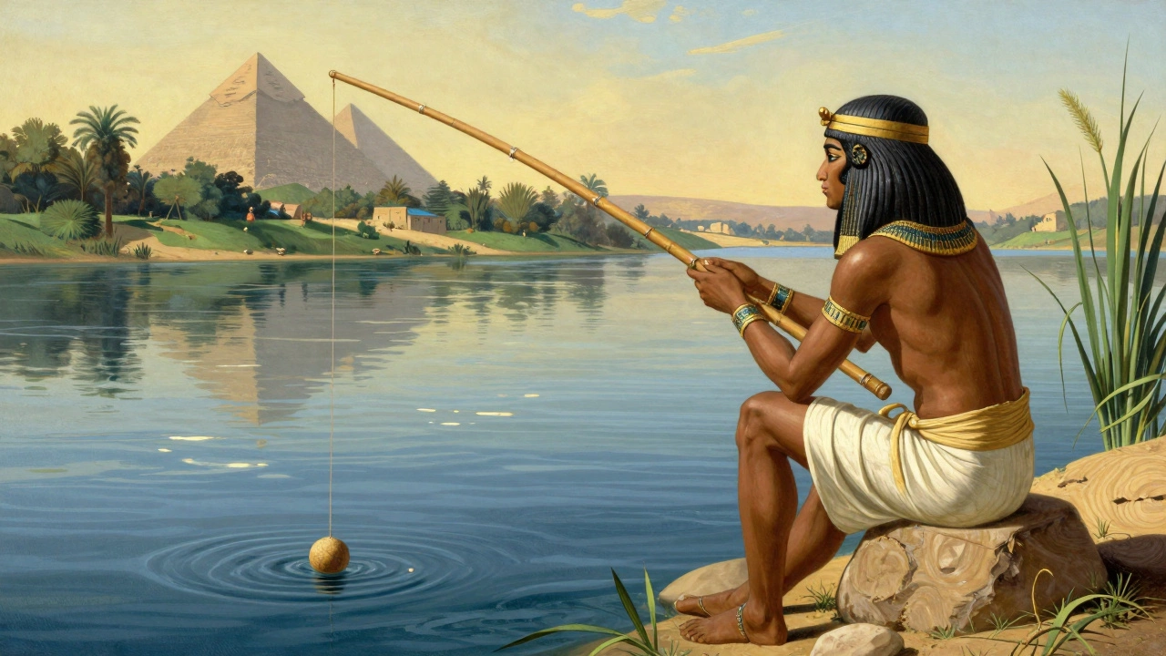 Египетский рыбак с бамбуковой удочкой на берегу реки Нил