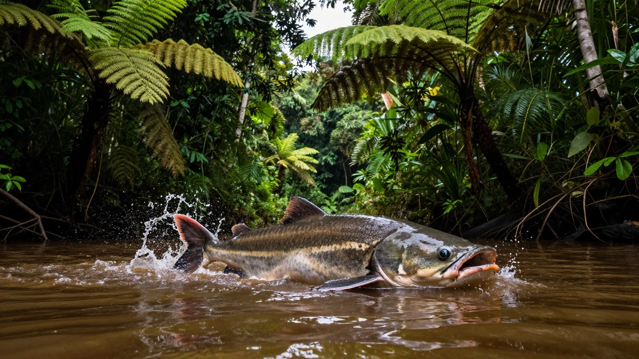 Гигантская рыба арапайма выпрыгивает из воды в джунглях Амазонки