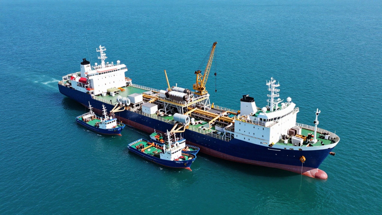 Гигантский плавучий рыбозавод в океане в окружении малых рыболовецких судов