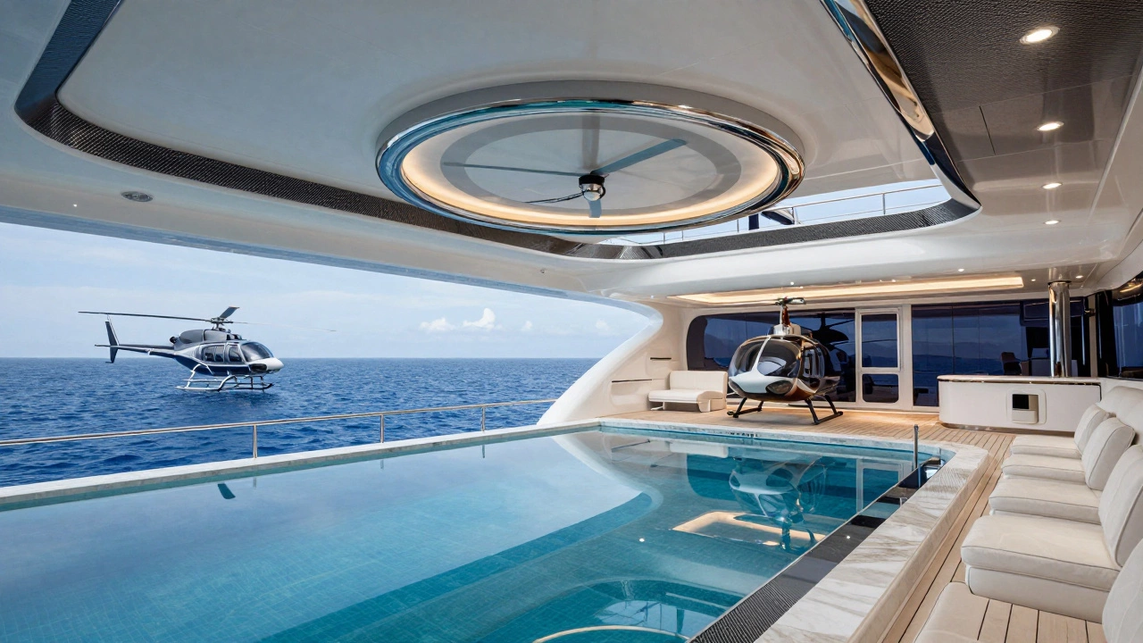 Интерьер суперяхты с бассейном с прозрачным дном и вертолетной площадкой