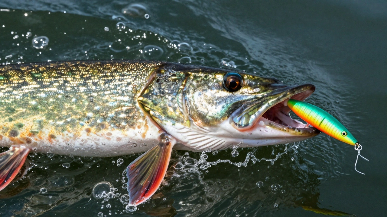 Крупная щука атакует силиконовую приманку в зимней воде