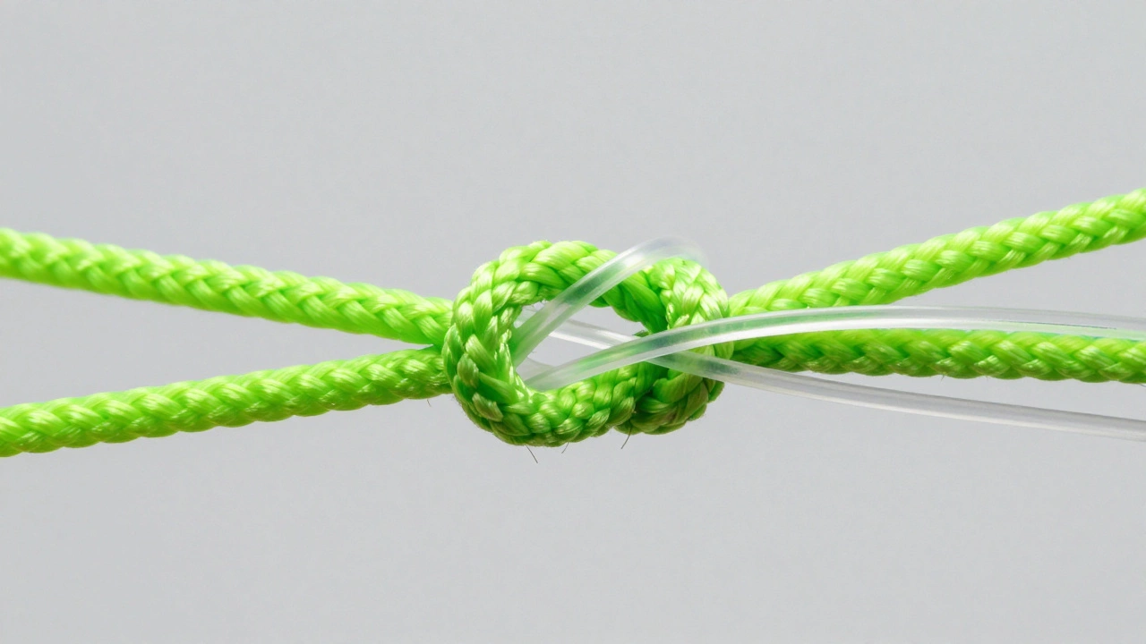 Макроснимок правильно завязанного встречного узла из зеленого шнура и прозрачной лески