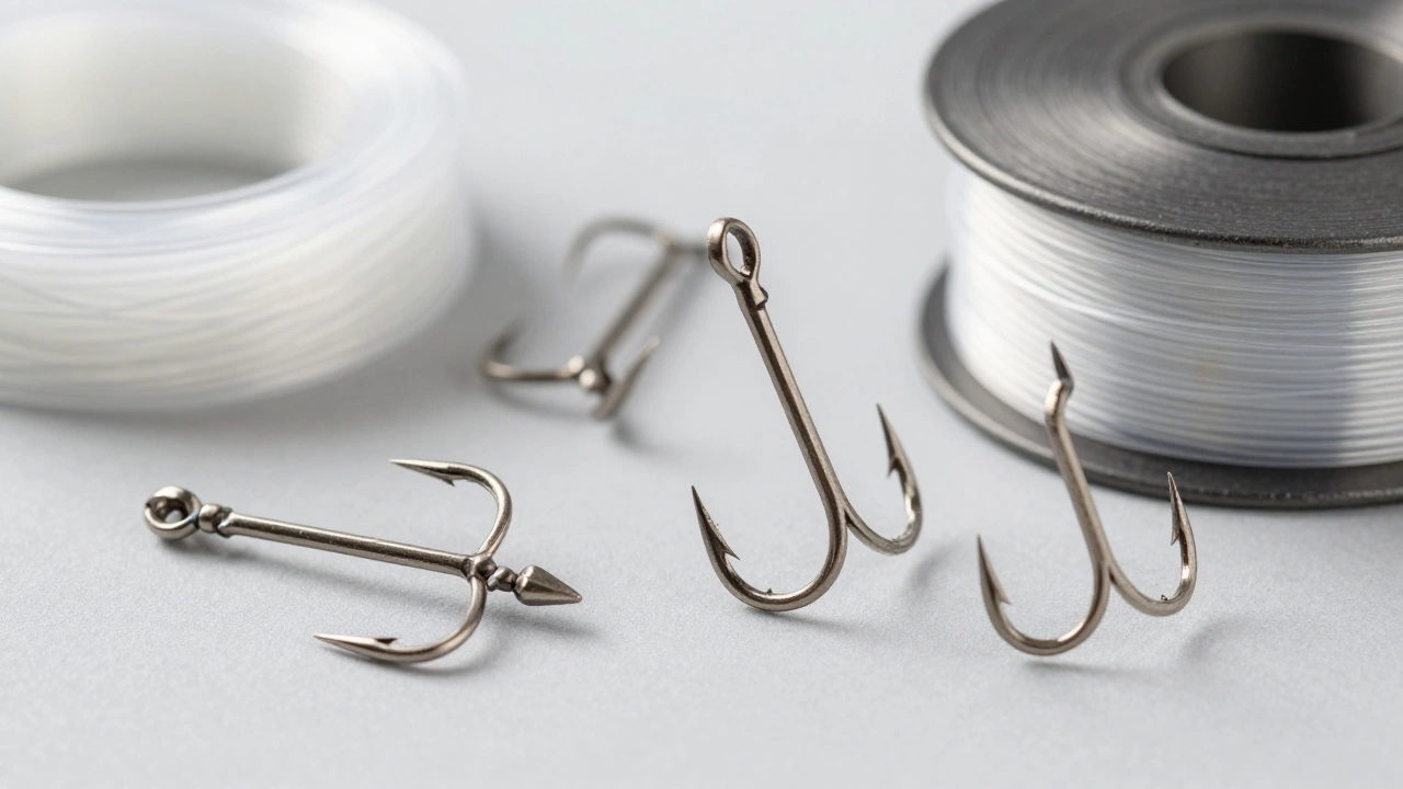 Макроснимок рыболовных крючков и различных типов лески