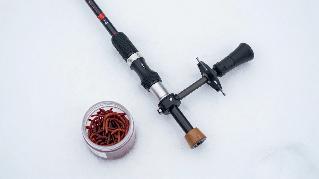 Набор снастей для зимней рыбалки: короткая удочка и ледобур на снегу