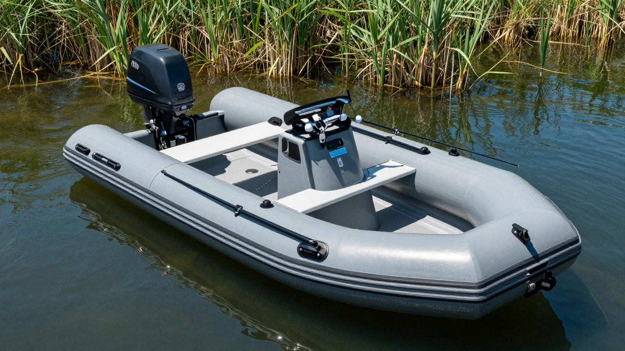 Надувная ПВХ лодка с жестким дном и рыболовными снастями на озере