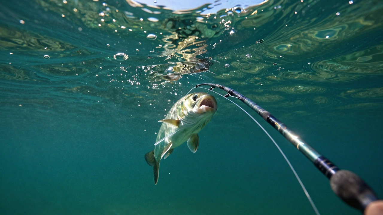 Натянутая леска с крепким узлом под водой во время вываживания рыбы