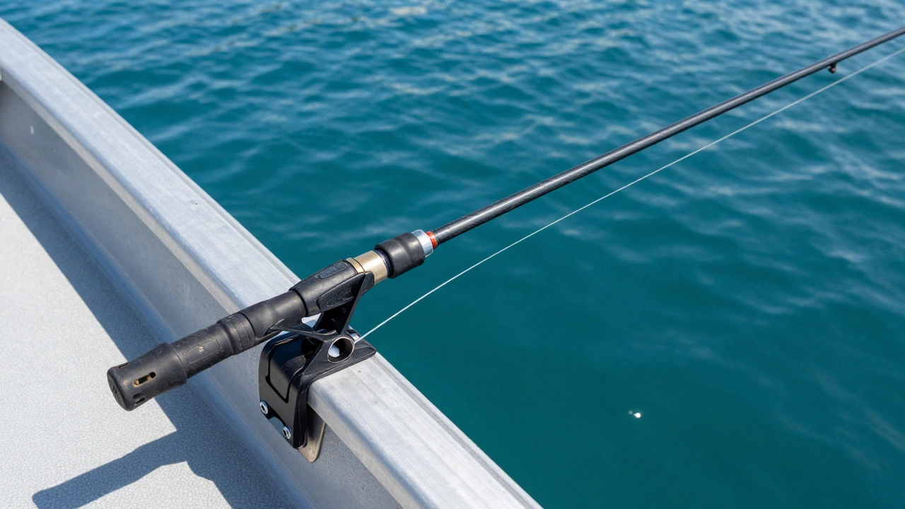 Пластиковый держатель-зажим для удочки, закрепленный на борту лодки