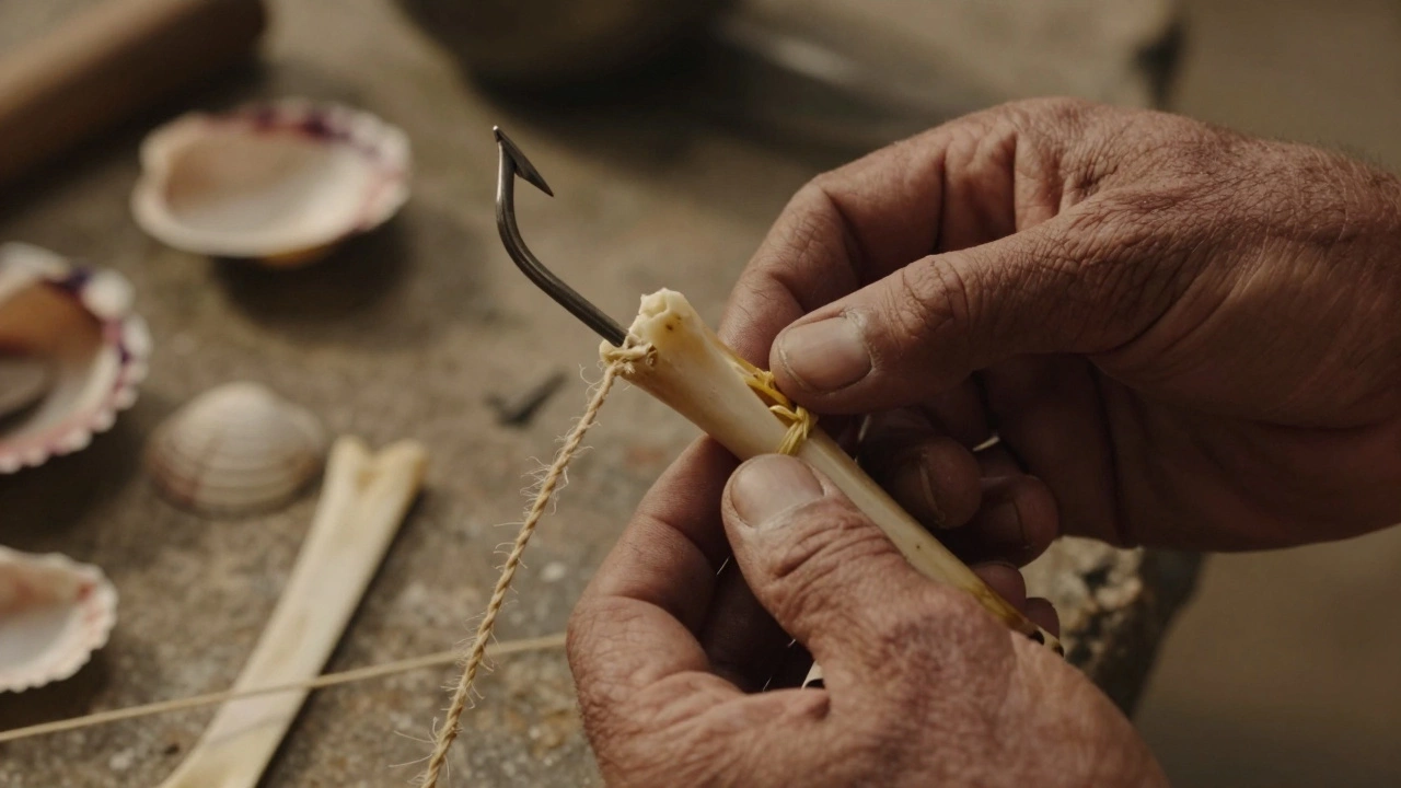 Процесс изготовления первого рыболовного крючка из кости и растительных нитей