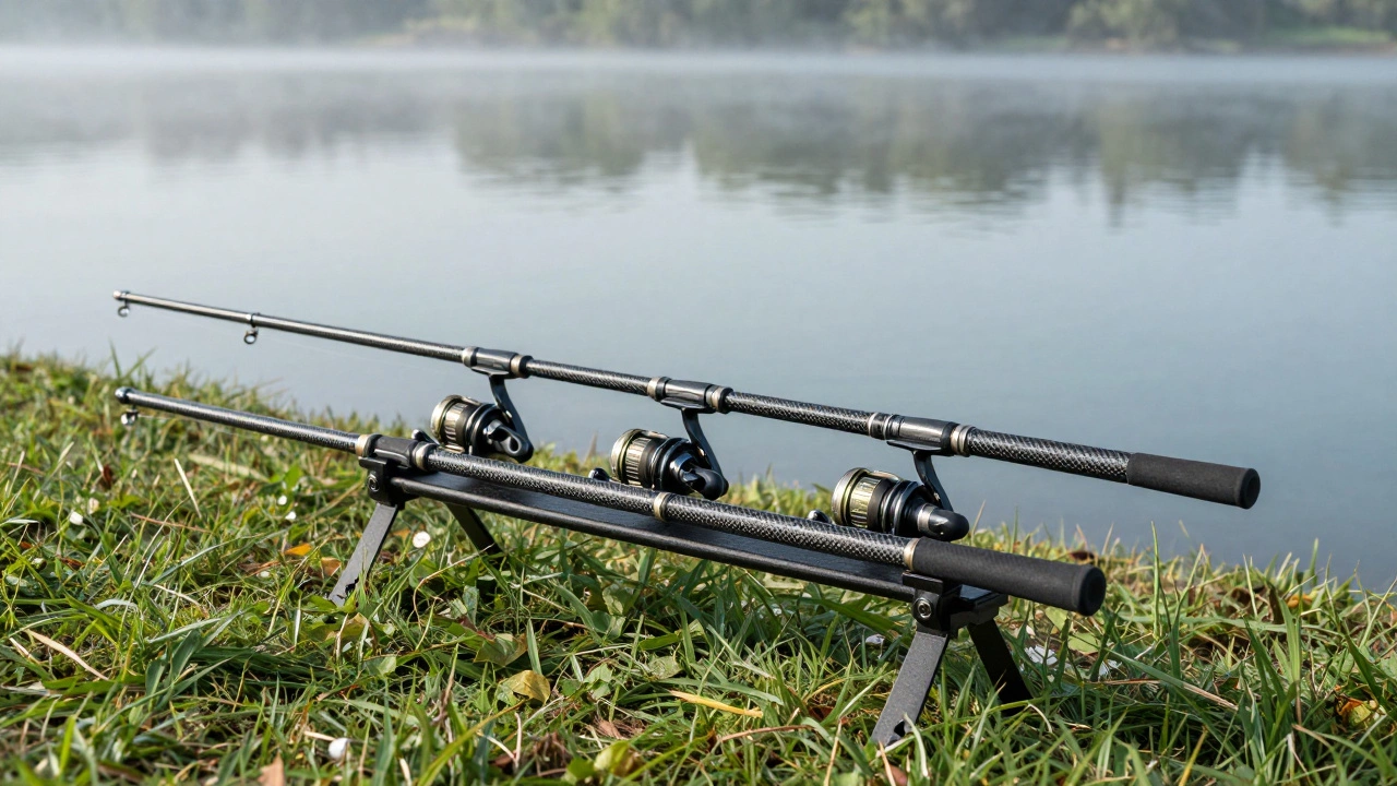 Профессиональный род-под с тремя карповыми удилищами на берегу озера