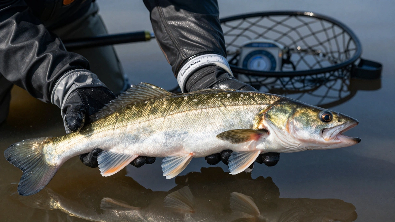 Руки рыбака аккуратно выпускают крупного судака обратно в воду