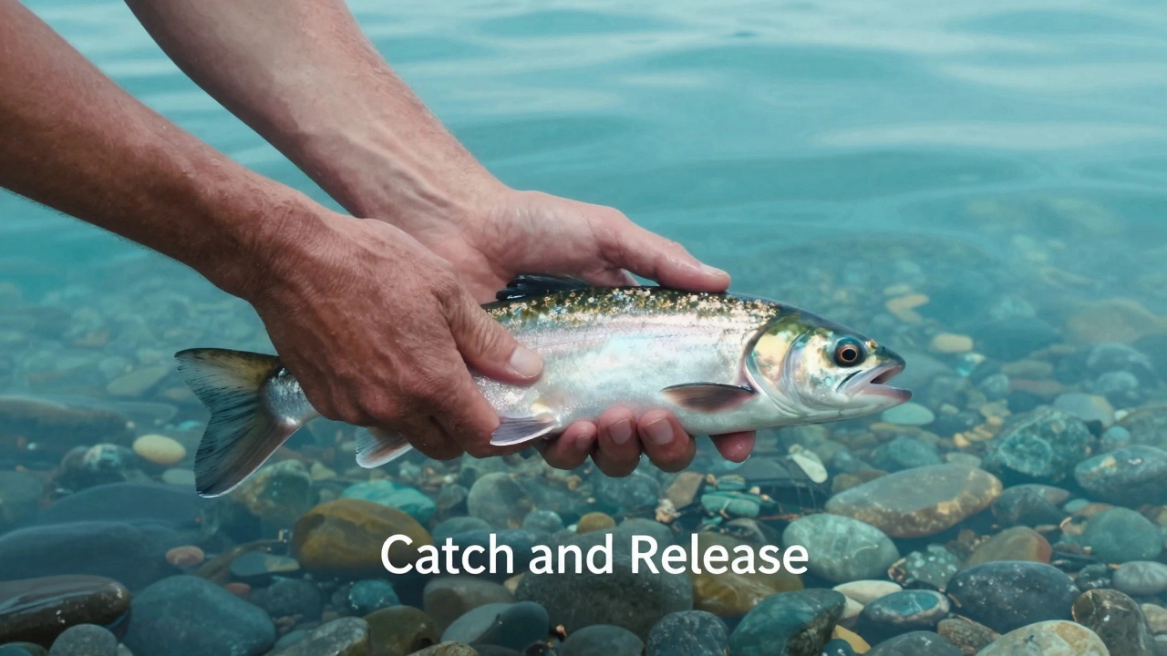 Руки рыболова аккуратно отпускают серебристую рыбу в чистые воды Байкала