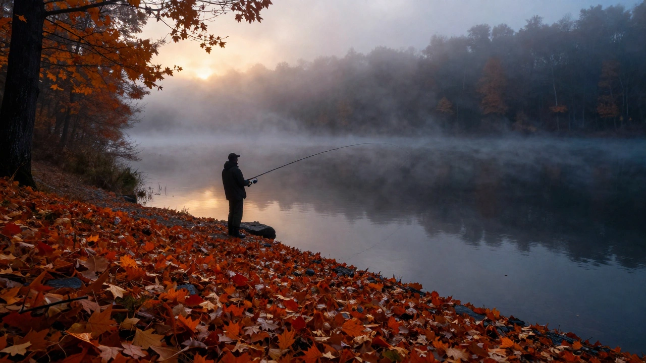 Рыбак ловит щуку на туманном озере в осенний период жора