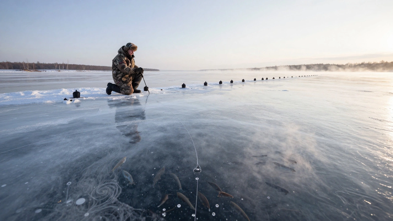 Рыбак на замерзшем озере у цепочки лунок в зимний рассвет