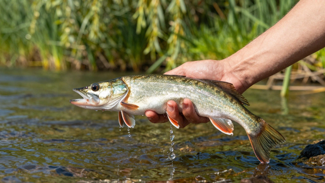 Рыбак выпускает маленькую щуку обратно в воду