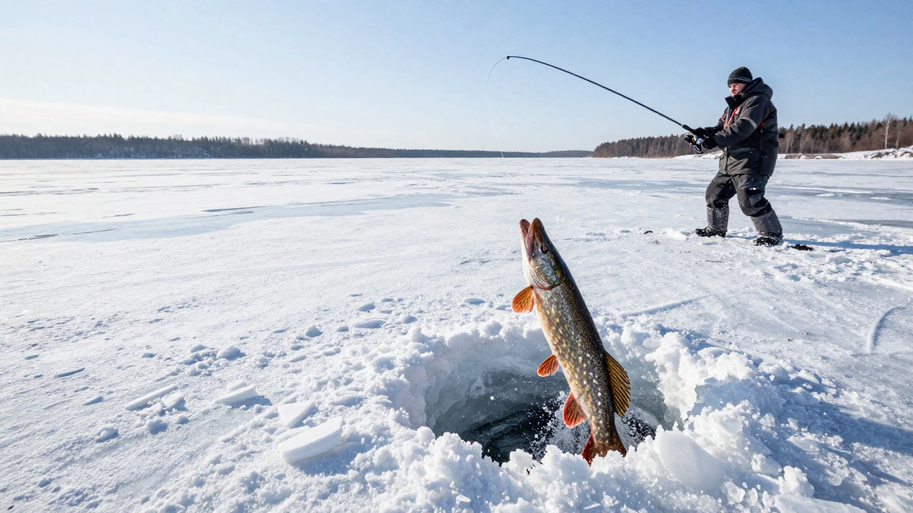 Рыбак вытягивает крупную щуку из лунки с помощью усиленного зимнего спиннинга