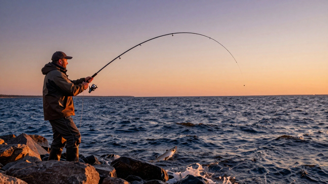 Рыбак вываживает крупную рыбу на берегу, демонстрируя надежность снастей