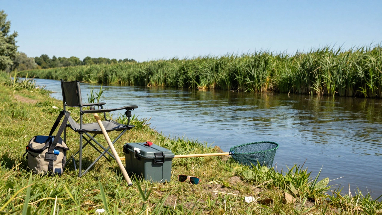 Складной стул, подсачек и аксессуары на берегу летней реки
