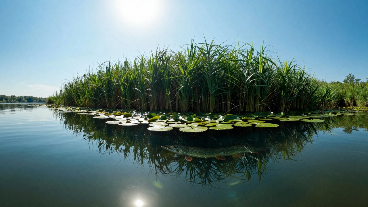 Щука прячется в тени густых зарослей камыша в жаркий летний день