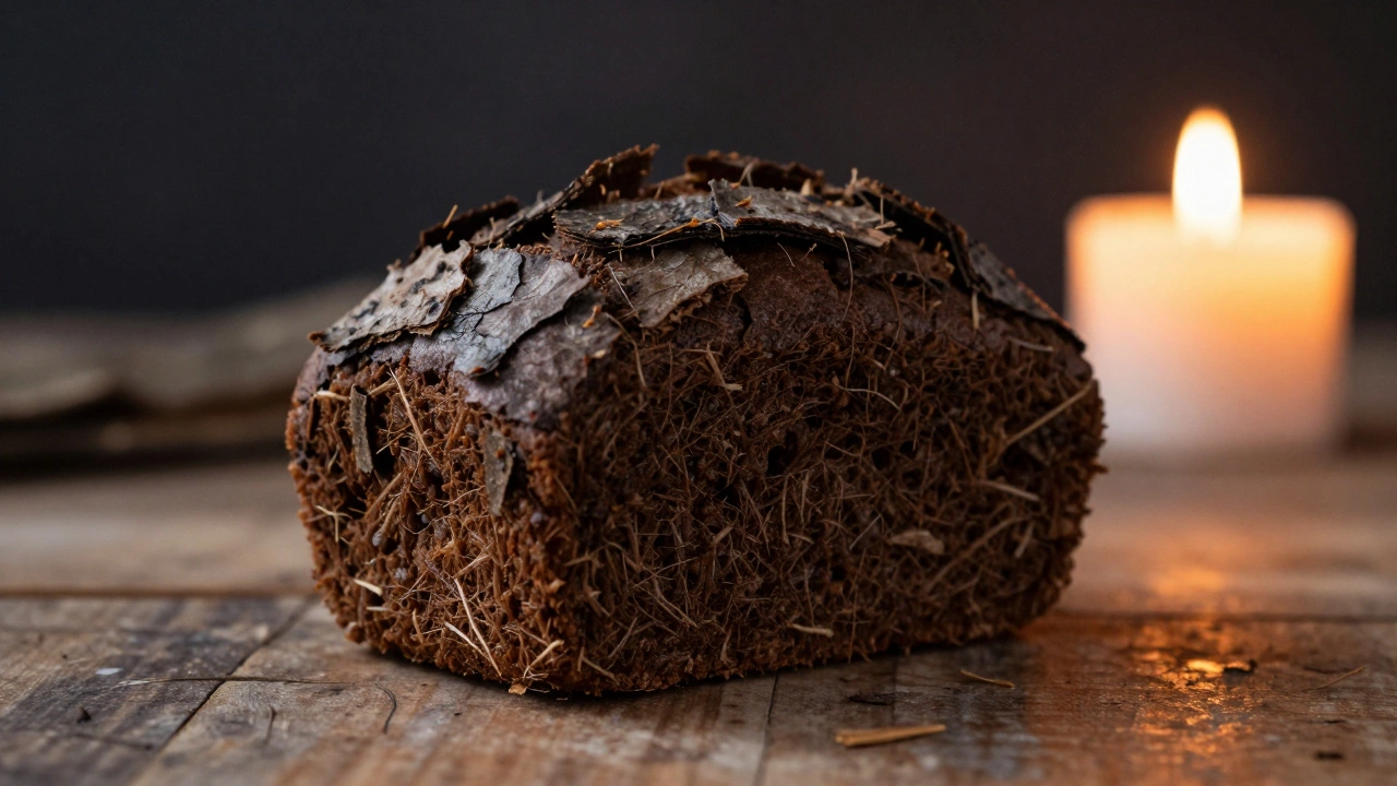 Темный хлеб из коры лежит на столе при свечах.