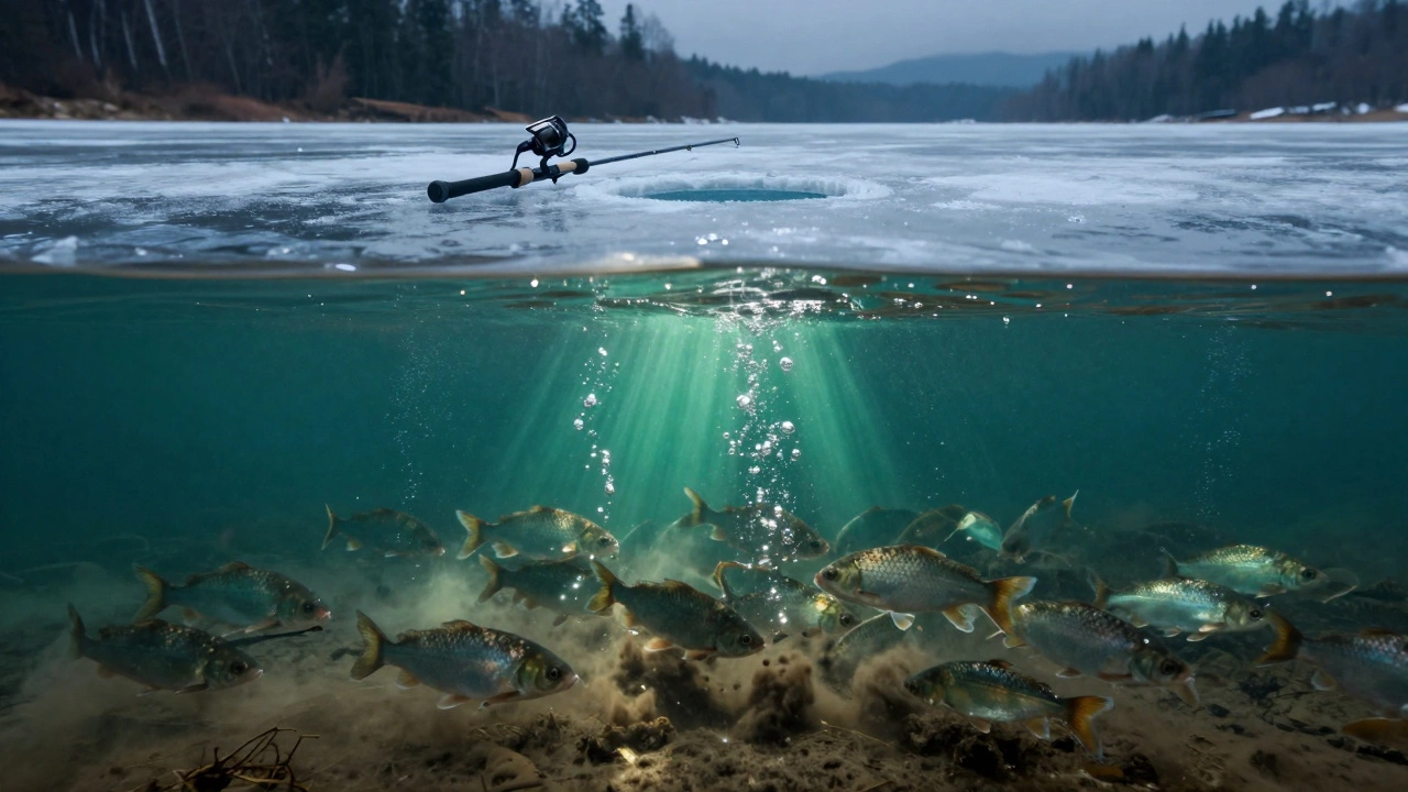 Вид под льдом: стая рыб поднимает ил и пузырьки газа со дна водоема