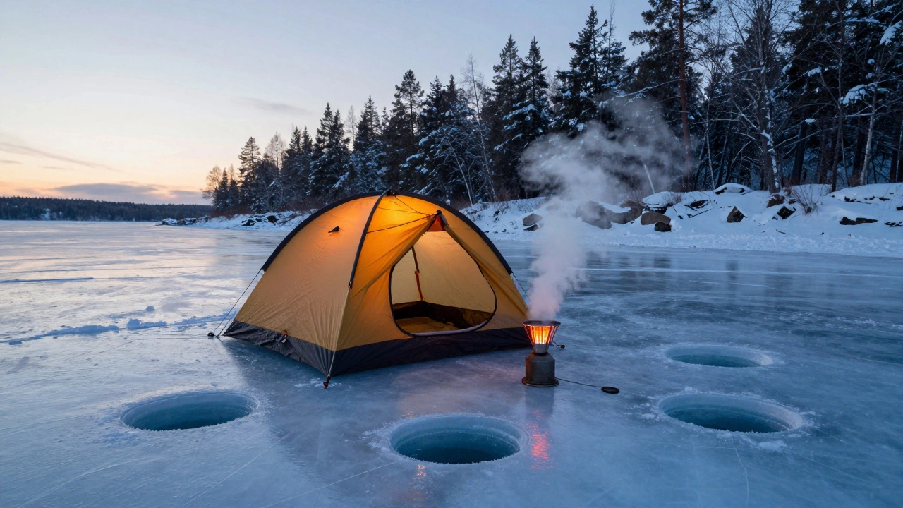 Зимняя палатка и лунки для рыбалки на замерзшем озере