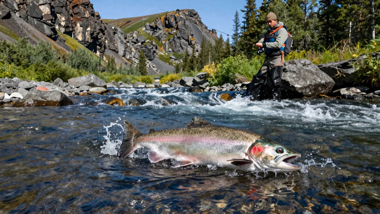 Ловля лосося в горной реке Камчатки с брызгами воды