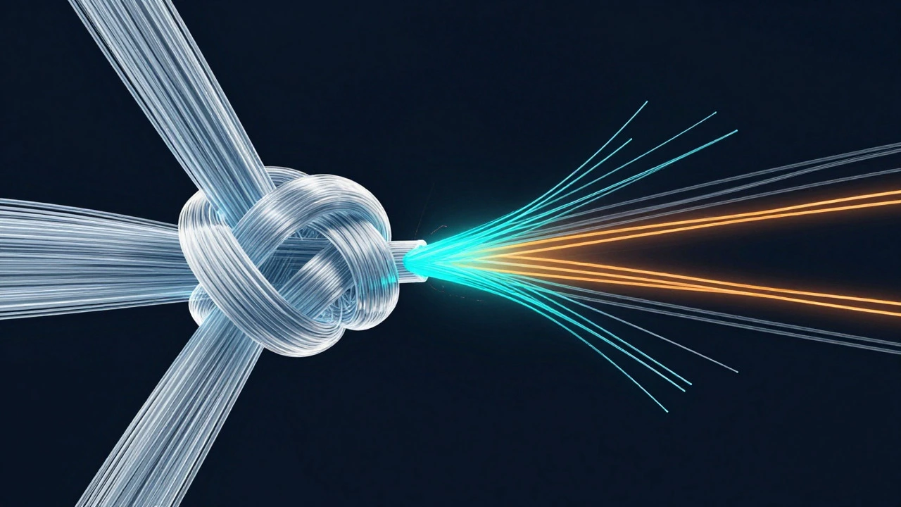 Abstract illustration comparing intact and frayed fishing line fibers under tension