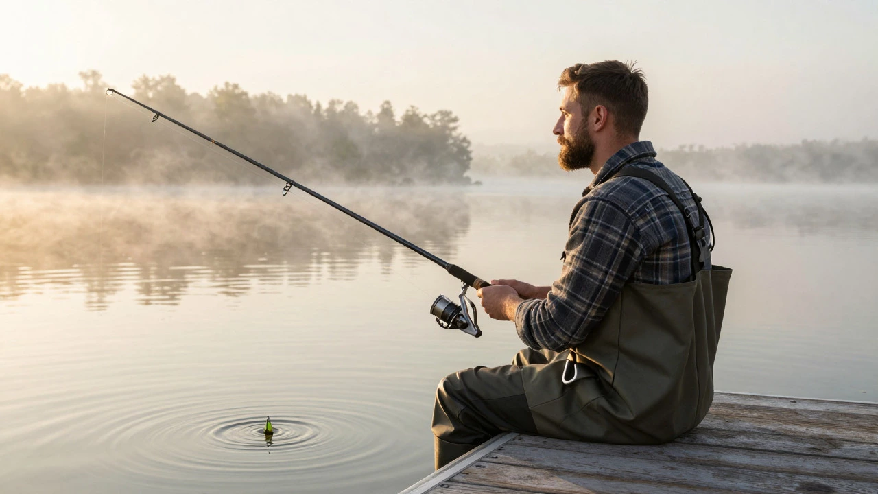 Angler with a beard fishing peacefully on a dock at sunrise