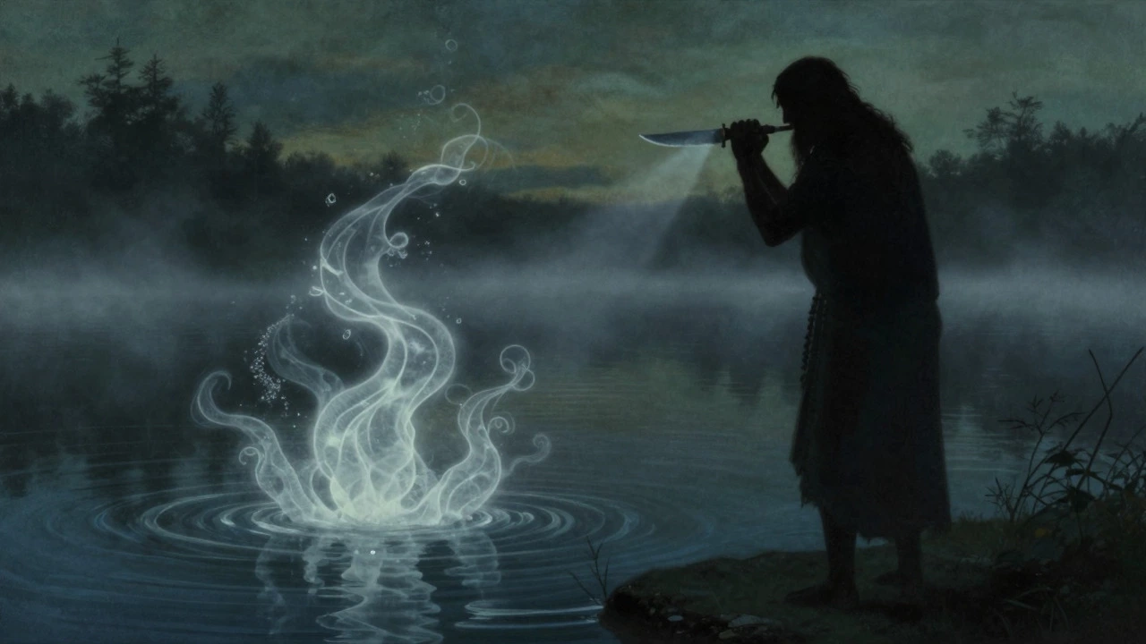 Folklore-style illustration of a figure by a lake with water spirits