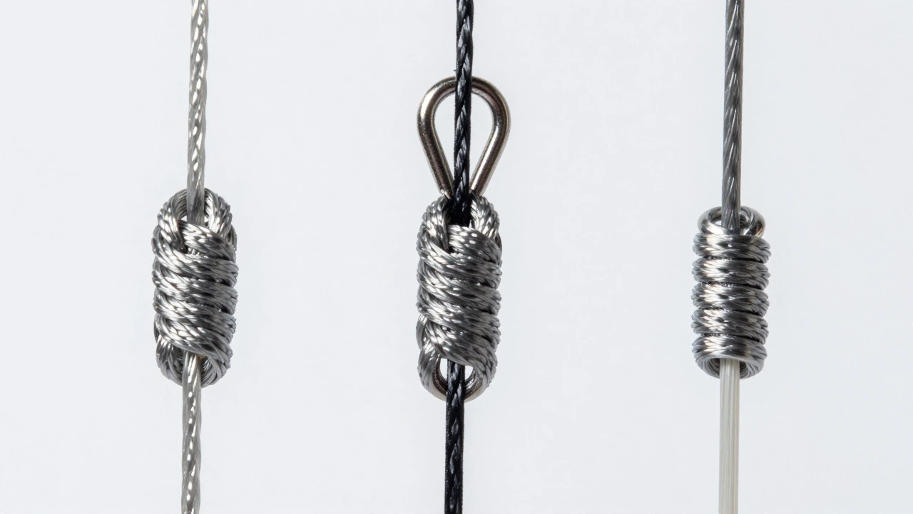 Macro view of different fishing knots tied to a swivel showing line textures