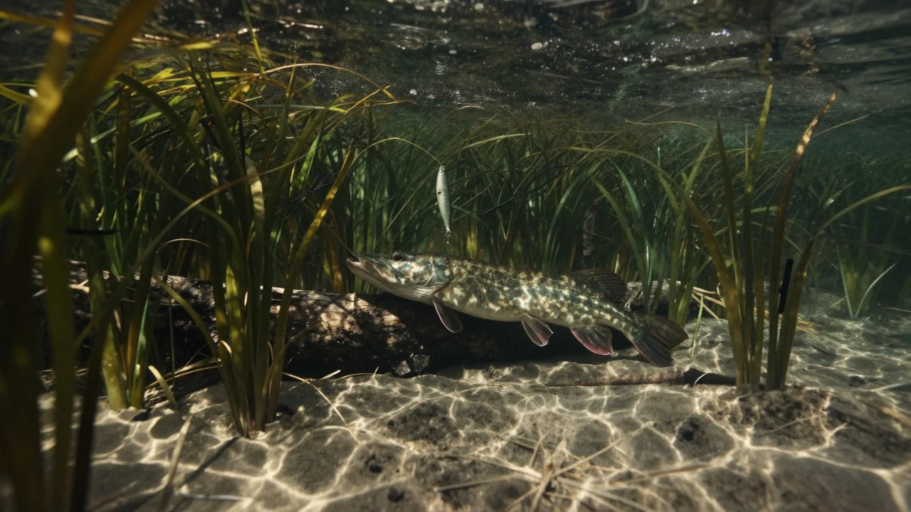Щука прячется в водорослях у дна в ожидании добычи