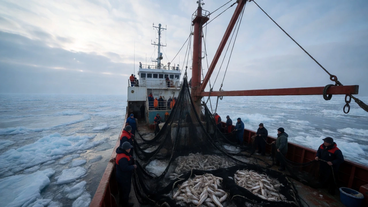 Российское рыболовное судно среди льдов Охотского моря зимой
