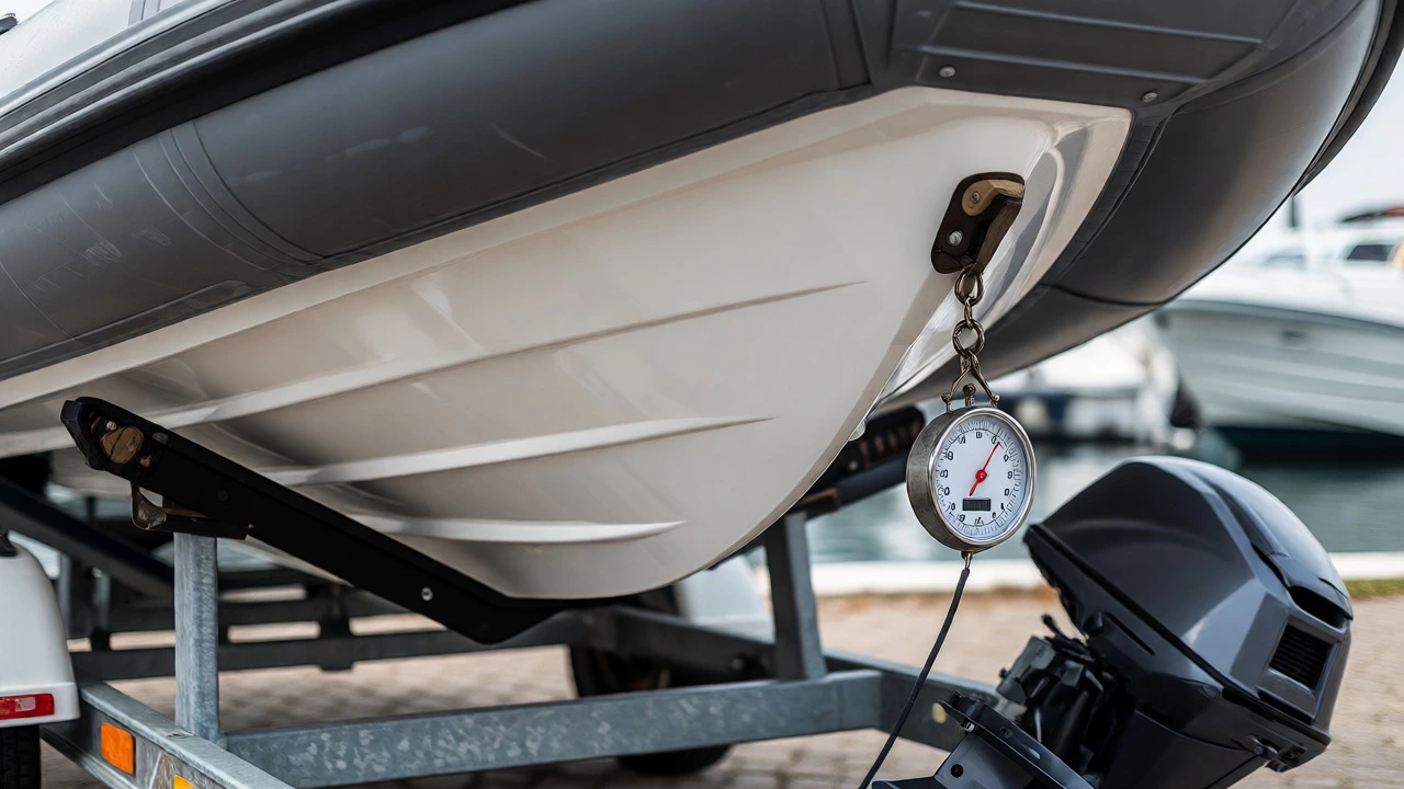 Взвешивание корпуса пластиковой лодки для проверки массы перед регистрацией